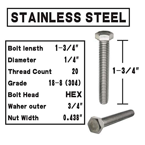 (10 Sets) 1/4-20x1-3/4" Stainless Steel Hex Head Screws Bolts, Nuts, Flat & Lock Washers, 18-8 (304) S/S, Fully Threaded by Bolt Fullerkreg