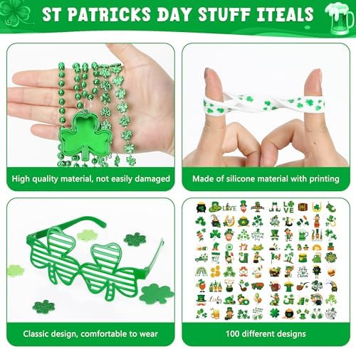 140PCS St Patricks Day Accessories, St. Patrick's Day Glasses Bracelets Tattoos Beads, Irish Glasses Bracelets Tattoos Beads Stuff Bulk, Shamrock Saint Patricks Parade Throw Party Favor Decorations