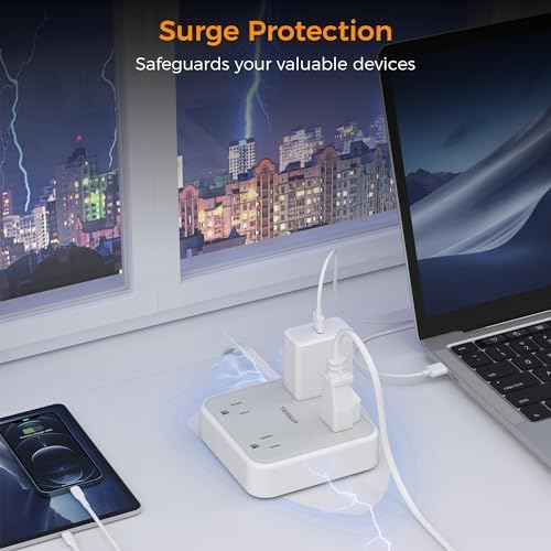 10 FT Surge Protector Power Strip, TESSAN Extension Cord Flat Plug with 4 Widely Outlets Extender, Indoor Desk Charging Station with Surge Protection for Home, Office Supplies, Dorm Room Essentials