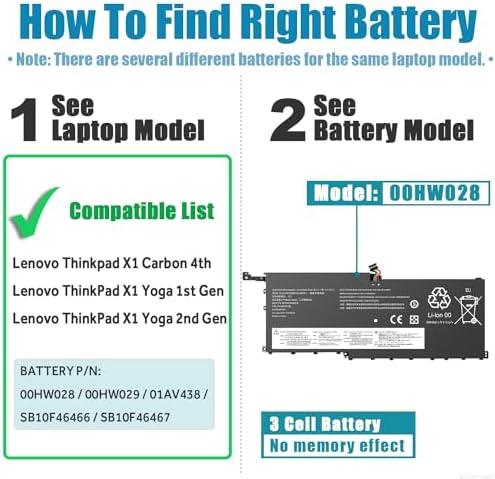 01AV458 00HW028 Battery for Lenovo Thinkpad X1 Carbon 4th Gen 4 2016 Laptop Thinkpad Yoga Gen 1 Gen 2 Computer, 00HW029 01AV409 01AV438 01AV457 SB10F46466 SB10F46467 SB10K97566 SB10K97567