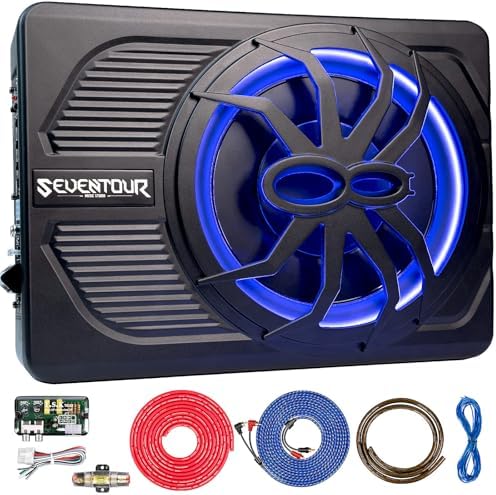 10" Upgrade 800W Slim Under Seat Powered Car Subwoofer, Car/Truck Audio Sub Built in Amplifier amp Combo Package, with Blue LED Light (Subwoofer+Installation Wire Kit)