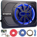 10" Upgrade 800W Slim Under Seat Powered Car Subwoofer, Car/Truck Audio Sub Built in Amplifier amp Combo Package, with Blue LED Light (Subwoofer+Installation Wire Kit)