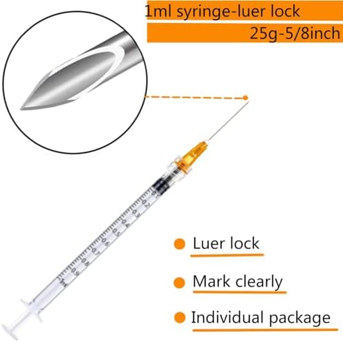 100 Pack 1ml 25 Gauge 5/8 Inch, for Scientific Labs, Industrial Dispensing and Liquid Measuring Supplies, Individually Sealed Packaging