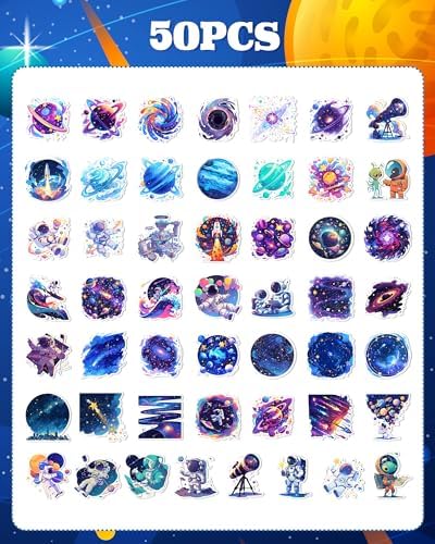 100pcs Space Stickers Bulk: Science Stickers Astronaut Stickers Vinyl Water Bottle Stickers for Kids Spaceman Outer Space Stickers Teacher Stickers for Students Space Party Favors Laptop Scrapbook