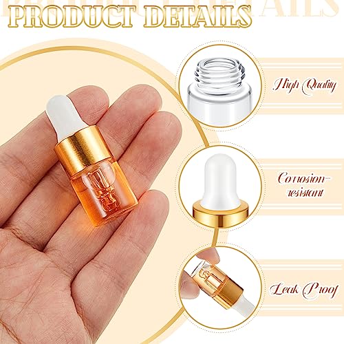 100 Pcs Mini Glass Oil Dropper Bottle Bulk, 2 ml Gold Clear Essential Small Empty Bottles Sample Containers Perfume Liquid Vials with Cap for Traveling