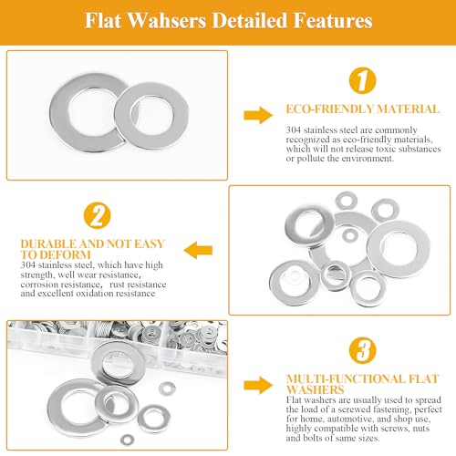 1000 Pieces 9 Sizes 304 Stainless Steel Flat Washers for Screws Bolts, Stainless Steel Washers, Metal Washers, Assorted Washers (M2 M2.5 M3 M4 M5 M6 M8 M10 M12)