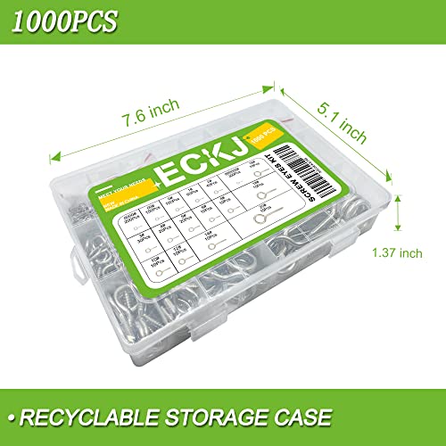 1000Pcs Screw Eyes Assortment Kit Silver Nickel Plated Eye Hooks Eye Bolts Metal Eye Pins Eyelet Screw Loops for Hanging Sign, Wind Chime, Jewelry Making 17 Sizes Mini to Large