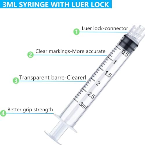 100 Pack 3ml/cc Plastic Syringe Luer Lock Tip - Liquid Measuring Syringe Tools (No Needle) - Sterile Individually Sealed Wrapped