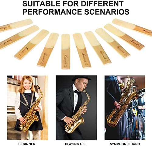 10 Pack Professional Alto Saxophone Reeds with Plastic Box, Strength 2.5 Alto Sax Reeds, Laser Engraved Marking & Thinner Reed Tip for Easy of Play, Traditional Reeds for Saxophone Alto