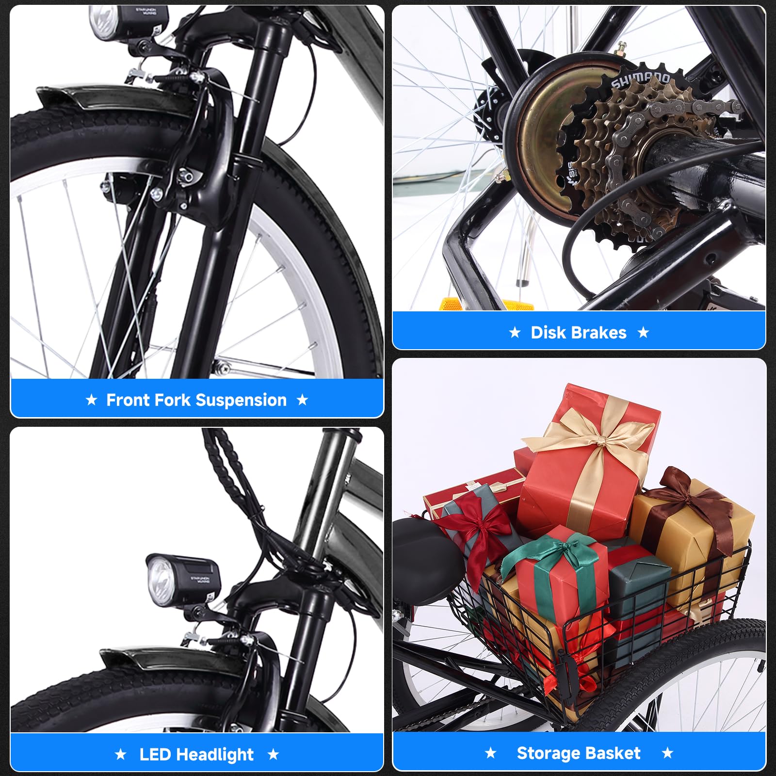 26 Inch Adult 3 Wheel Electric Tricycle with Basket, Fat Tires,7 Speeds,350W Powerful Motor, 36V 10Ah Removable Battery Dark Gray