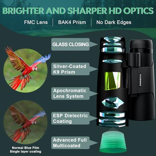 12x42 HD Binoculars for Adults High Powered - Deesoo Binoculars for Bird Watching with Large Field of View - High Magnification Binoculars with Phone Adapter, Plastic Tripod for Hiking Hunting