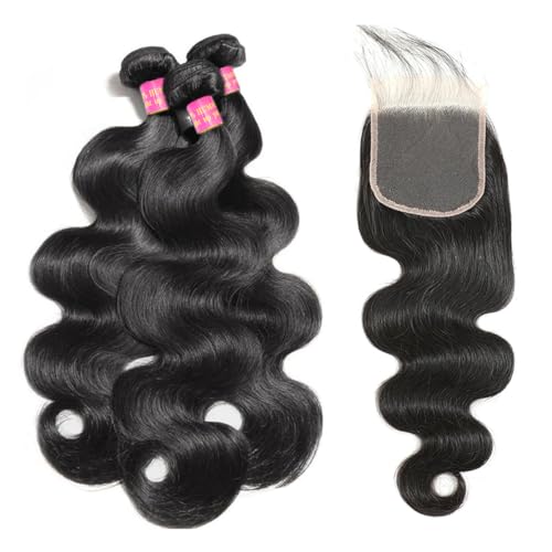 12A Human Hair Bundles 3 Bundles With Closure Body Wave Bundles Human Hair 100% Unprocessed Brazilian Virgin Hair Bundles Human Hair Extensions Quick Weave Bundles Human Hair Natural Black 24 26 28+22