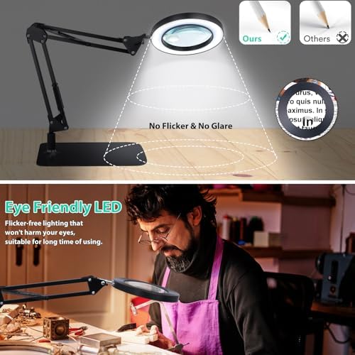 10X 20X Magnifying Glass with Light and Stand and Clamp, 2-in-1 Desk Book Magnifier for Reading 3 Color Modes Lighted Magnifying. Glass with Stand, Adjustable Height Magnifiers with Light Hands Free