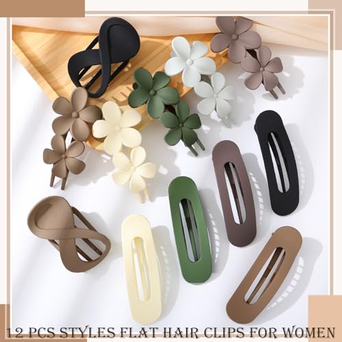 12 Pcs Flat Hair Clips for Women, Lay Flat Claw Clips Flower Hair Clips for Women French Concord Flat Hair Clips, 3 Styles Matte Hair Clips for Thin Thick Hair