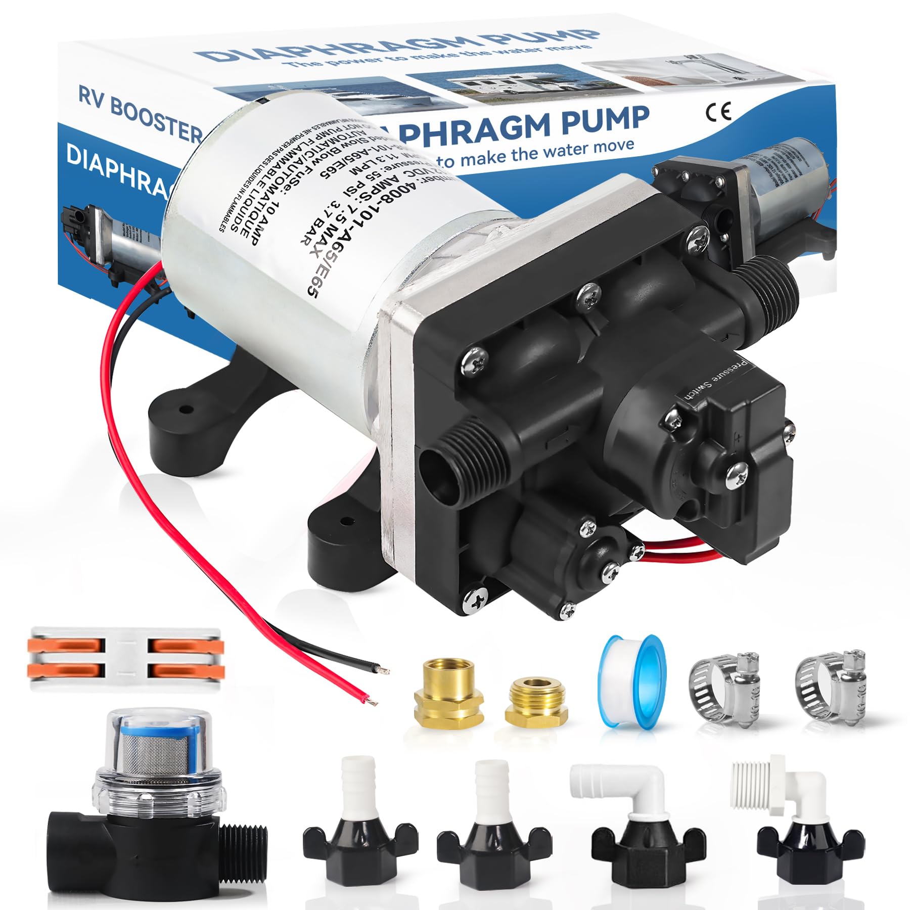 12V RV Water Pump 4008-101-A65/E65 | 3.0 GPM - 55 PSI | Camper RV Water Pump | Self-Priming & Quiet Diaphragm Pump | Thermal Protection & Dry Run Safe | for Halloween Christmas