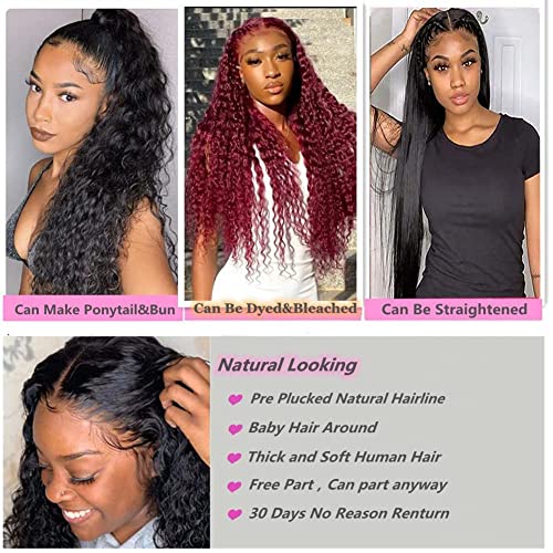 13x4 HD Transparent Lace Front Wigs Human Hair with Baby Hair Bleached Knots Black Color 180% Density Brazilian Deep Wave Frontal Wig Curly Wigs for Black Women (26 Inch, Natural Black)