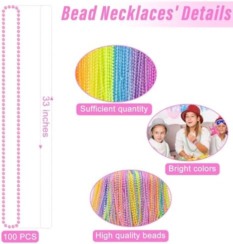 100PCS Mardi Gras Beads, 6 Kinds Colorful Bead Necklaces Bulk, 33" Metallic Round Beads Accessories, Bead Necklace Mardi Gras Holiday Events Parade Throws Party Decor Supplies Favors