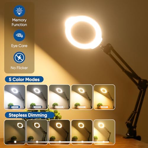 10X Magnifying Glass with Light and Clamp，Real Glass Lens 5 Color Modes Dimmable LED Lighted Magnifier with Swing Arm Hands Free Magnifying Desk Lamp for Crafts Sewing Painting Reading Close Work