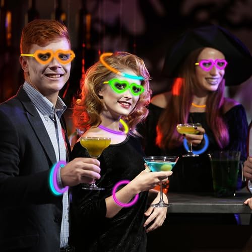 12 Pack Glow Glasses Toys Gifts with 40 Glow Sticks & Connectors (for 12 Glow Heart Glasses & 16 Bracelets), Easter Neon Light Up Party Favor Supplies for Birthday Wedding Camping Dance (kids&Adults)