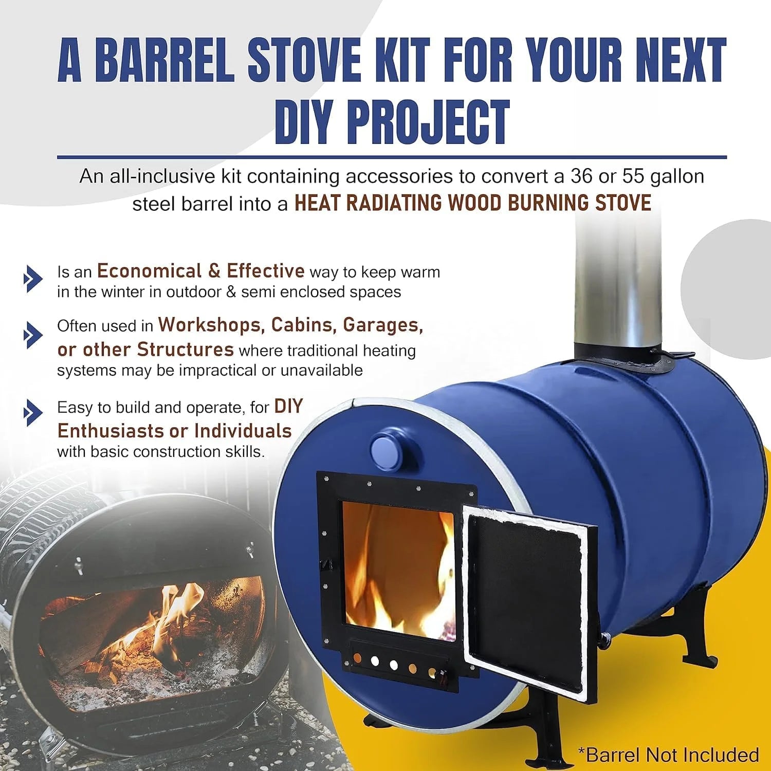 Barrel Stoves Kit C Perfect For 30-55 Gallon Drum Wood Stove Kit - Wood Burning Stove Kit Barrel Stove Door - Fire Wood Camp Stove Kit Wood Stove Kit for Emergency Heating & Cooking