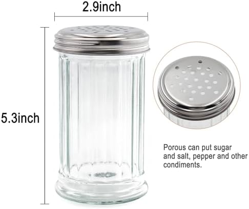 12 oz Retro Style Glass Sugar Shakers Dispenser, Glass Jar, Sugar Shaker, Stainless Steel Pour-Flap Lid, For Sugar/Cinnamon/Bee Pollen/pepper and other spices (Perforated Lid-1pc)