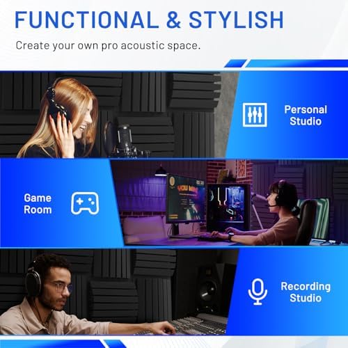 12 Pack Curved Acoustic Foam Panels 3" x 12" x 12" Sound Proof Foam Panels Soundproofing Noise Cancelling Wedge Panels for Home Office Recoding Studio with 90PCS Double-Side Adhesive