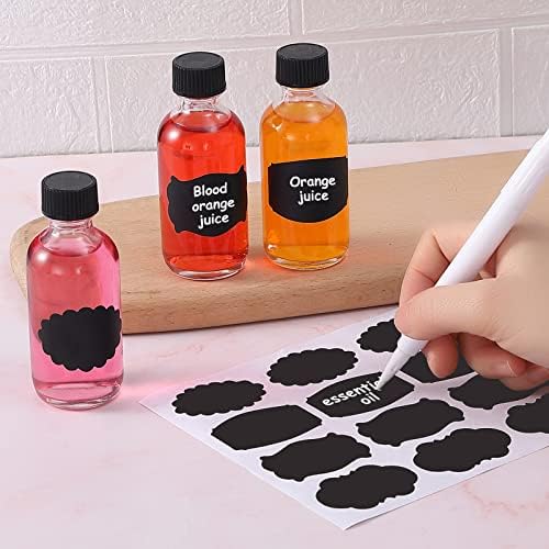 (Pack of 72) 2oz Small Clear Glass Bottles(60ml) with Lids Boston Round Travel Bottles for Vanilla Hot Sauce Juice Whiskey Liquid come with 72 Labels,5 Funnels,5 Droppers,1 Brush&Chalk Marker
