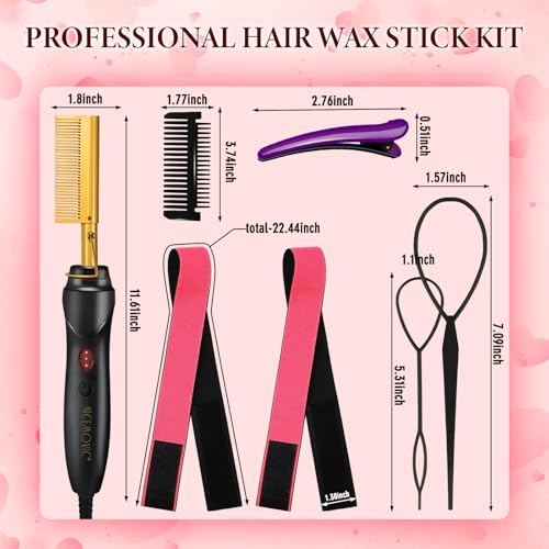 15 Pcs Hot Comb Set, Electrical Straightening Comb Curling Iron, Hair Wax Stick Set for Flyaways, Edge Brush, Rat Tail Combs for Parting, Braid Ponytail Maker, Lace Melting Bands, Salon Styling Clips
