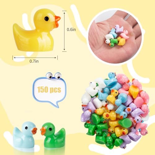 150 Pieces Mini Resin Duck Miniature Figures Micro Fairy Garden Landscape Aquarium Dollhouse Ornament Potted Plants Decoration DIY Slime Charms for Christmas Birthday Party (100Yellow+50Multicolor)