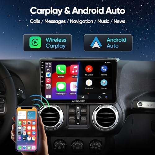 10.2 Inch Car Radio Stereo Upgrade Replacement for Jeep Wrangler JK Compass Grand Cherokee Dodge Ram with Wireless CarPlay/Android Auto/Touch Screen/Android12/GPS Navigation/HD Backup Camera