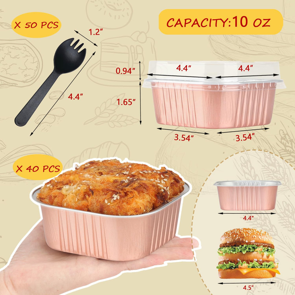 10oz Mini Cake Tins With Lids 40 Pack,LNYZQUS Aluminum Foil Small Baking Pans Disposable Large Brownie Baking Cups,4”x4” Small Bread Muffin Containers Holders For Party-Champagne