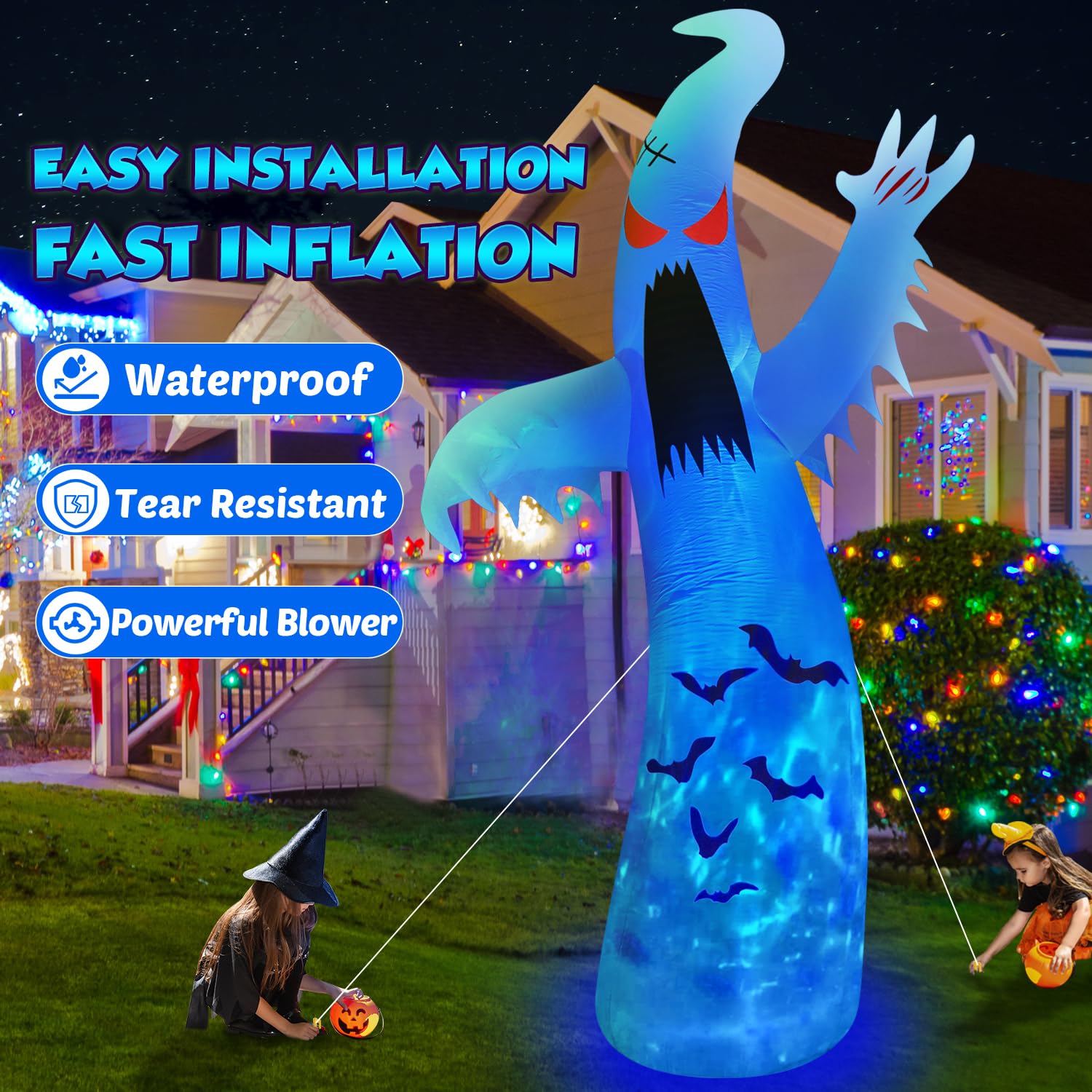 12FT Giant Halloween Inflatables Ghost Outdoor Decorations with 3-Color Rotating Flame LEDs Blow Up Yard Halloween Decorations Outdoor Scary Red Eye Spooky for Lawn Garden Holiday Party Decor