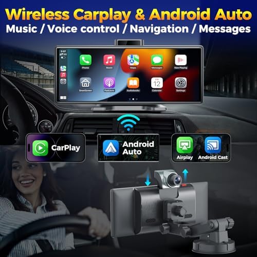10.26" Wireless Apple CarPlay Android Auto Screen - 4K Dash Cam, GPS Navigation, HD Touchscreen, AirPlay, 1080P Backup Camera, Car Stereo