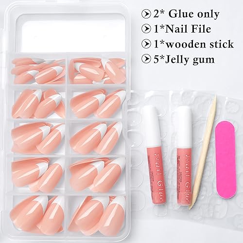 120Pcs White French Tip Press on Nails Almond Shape Fake Nails, Full Cover Glossy Nude False Nails Acrylic Glue on Nails with 5 Sheets Adhesive Tabs for Women Girls Finger Nails Design