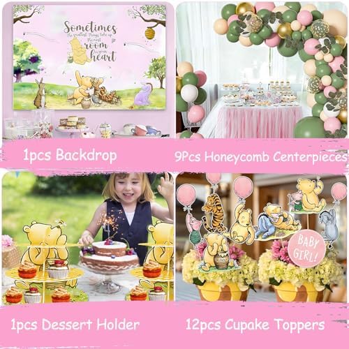 158pcs Pink Classic Winnie Baby Shower Decorations Kit, Vintage Winnie Party Supplies Decorations, Classic Pooh Backdrop Cake Topper, Winnie Baby Tablecloth Box Decorations for Girl Boy Baby Shower