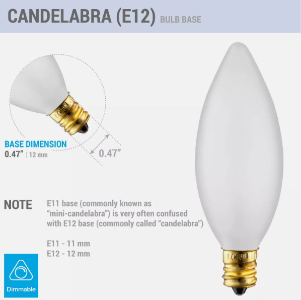 12 Pack Chandelier Torpedo Tip B10 Bulbs 120V 25W Candelabra E12 Frosted 2700K