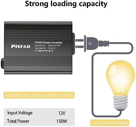 150W Power Inverter 12V DC to 110V AC Car Plug Adapter Outlet Converter with 3.1A Dual USB AC car Charger for Laptop Computer Black
