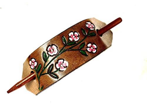 1 LEATHER HAIR BARRETTE, CLIPPED CORNER DESIGN PONYTAIL HOLDER, BRIGHTLY COLORED FLOWERS ON A MEDIUM BROWN BACKGROUND, CHOICE OF 4 GREAT COLORED FLOWERS