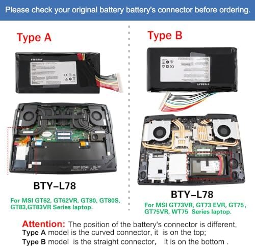 11.1V 5225mAh BTY-L78 New Laptop Battery for MSI GT62 GT62VR GT80 GT80S GT73 GT83 GT73VR GT83VR GT75VR MS-1812 MS-1814 P/N:BP-1812/2700-P for EUROCOM Tornado F5 Series for HIPAA F22 Series