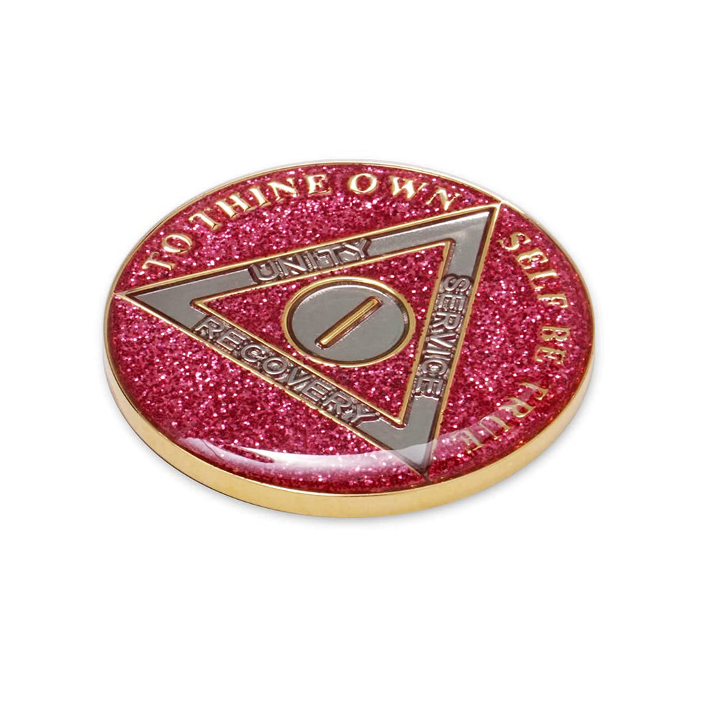 1 Year Sobriety Coin | Glitter Triplate AA Chip Recovery Anniversary Token (Pink)