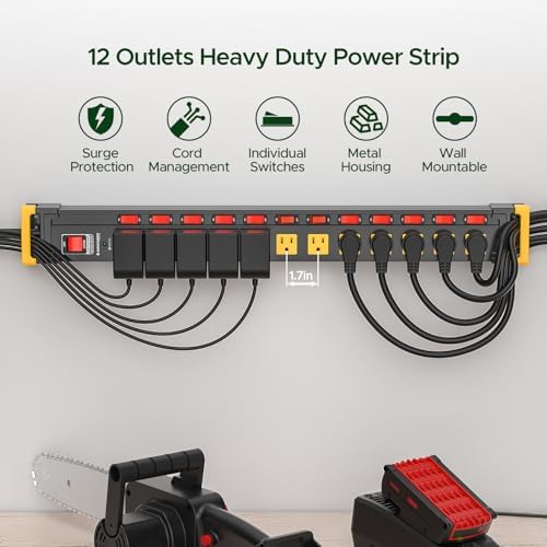 12 Outlet Long Heavy Duty Power Strip with Individual Switches,3300J Surge Protector Metal Power Strip,Wide Spaced,6Ft Cord Managment,ETL Listed(15A/1875W)