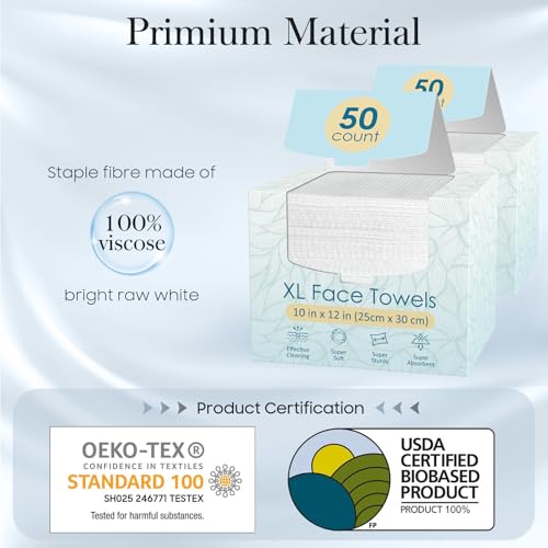 100 Count (2 Box) XL Disposable Face Towels 10” x 12”, 100% Viscose Fibre, Soft & Skin Friendly Face Towelettes Disposable, Facial Tissue Face Wipes for Women Cleansing