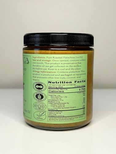 100% Pure Pistachio Butter, Single Ingredient, No Salt, No Sugar, No Palm Oil, Glass Jar, No Additives, Vegan, Plant Based Protein, Premium Roasted Pistachios, Perfect For Dubai Chocolate With Knafeh. 18.5oz (525gr)