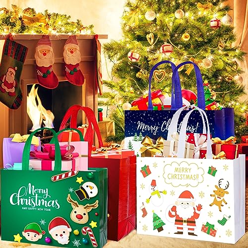 12 Pack Large Christmas Gift Bags with Tissue Paper - Reusable Christmas Tote Bags Non-Woven, Xmas Shopping Bags with Handles, for Christmas Treat Bags, Gifts Wrapping, Xmas Party Supplies 12.6'' X 9.8'' X 4.5''… (12 Pack)