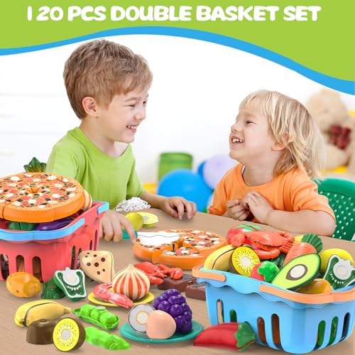 120 Pcs Cutting Play Food Toy for Multiple Kids with 2 Colors Storage Baskets, Kitchen Pretend Food Set for Toddler, Kitchen Toys Accessories, Fake Food/Fruit/Vegetable, Birthday Gifts for Boy Girl