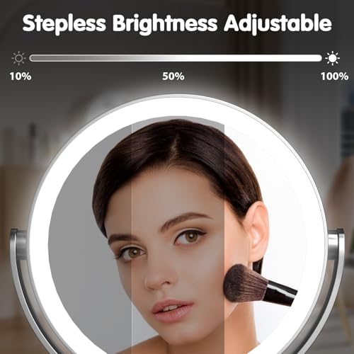 10x Magnifying Mirror with Light - 8in Double Sided Makeup Mirror, 360° Rotation Magnifying Mirror with Light, Portable Travel Makeup Mirror with 3 Color Light,Rechargeable Adjustable Vanity Mirror
