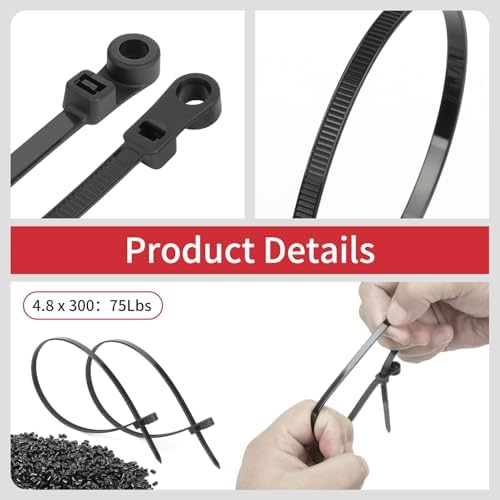 12 Inch Black Cable Ties (100 Pack) zip ties with screw mounting hole 120 lb Strength + 100 Screws - Ideal for Automotive, Fencing & Outdoor Wire Management