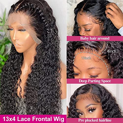 13x4 HD Transparent Lace Front Wigs Human Hair with Baby Hair Bleached Knots Black Color 180% Density Brazilian Deep Wave Frontal Wig Curly Wigs for Black Women (26 Inch, Natural Black)