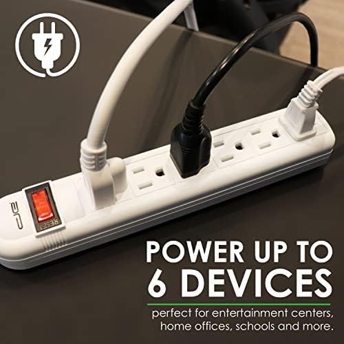 15 Ft 6 Outlet Surge Protector Power Strip: Multiple Electrical Outlet Safety Circuit Breaker has 15 Foot Long Extension Cord, Lighted On Off Switch, ETL Listed. Commercial, Business, Home, Office Use