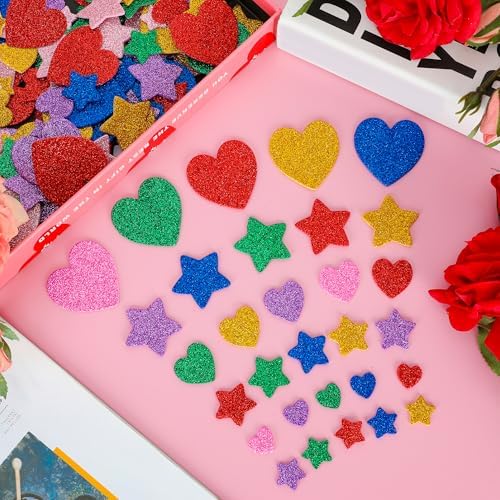 1000 PCS Foam Heart Stickers, Glitter Foam Hearts for Crafts, Self-Adhesive Valentine Day Decor, 3 Sizes Valentine Foam Stickers Heart Star Foam Stickers for Kids Crafts DIY Cards Envelop Frame